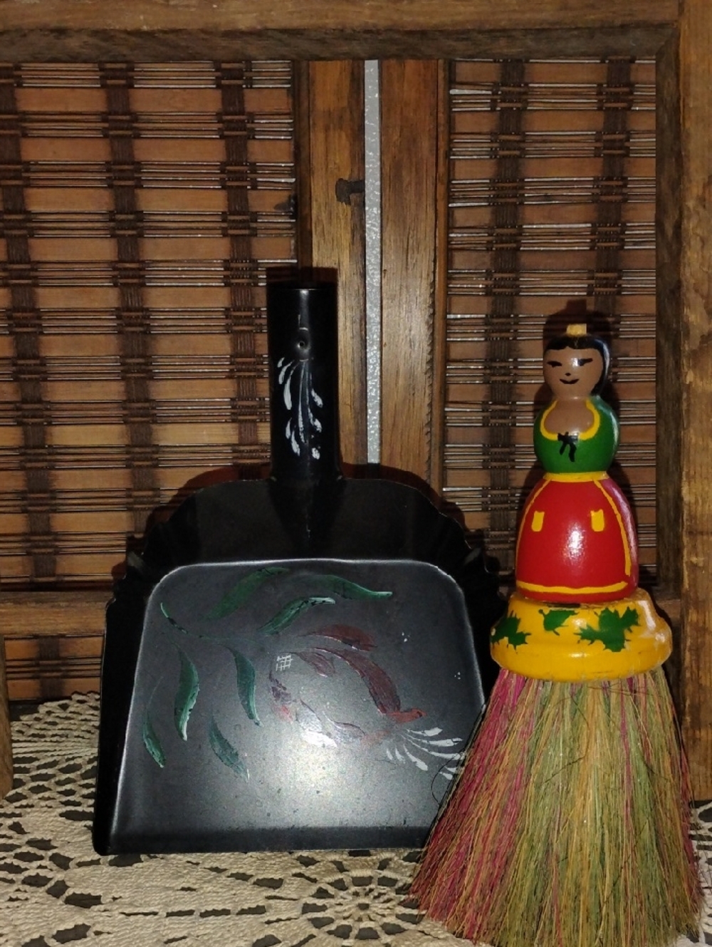 Vintage Lady Whisk Broom And Metal Dust Pan Set